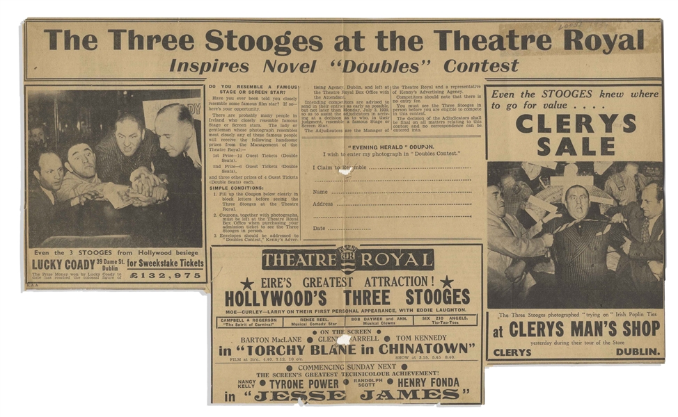Approximately 2 Dozen Newspaper Clippings From Moe Howard's Scrapbook -- Most From the 1930s With Howard, Fine & Howard and Three Stooges Content -- Very Good